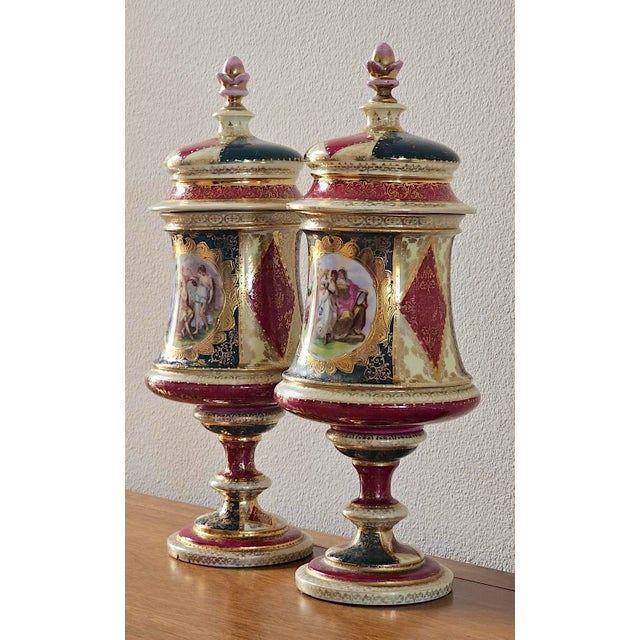 Pair of Antique Austrian Porcelain Urns, Hand-Painted Figural Scenes, Heavy Gilt, C. 1900 For Sale In Naples, FL - Image 6 of 18