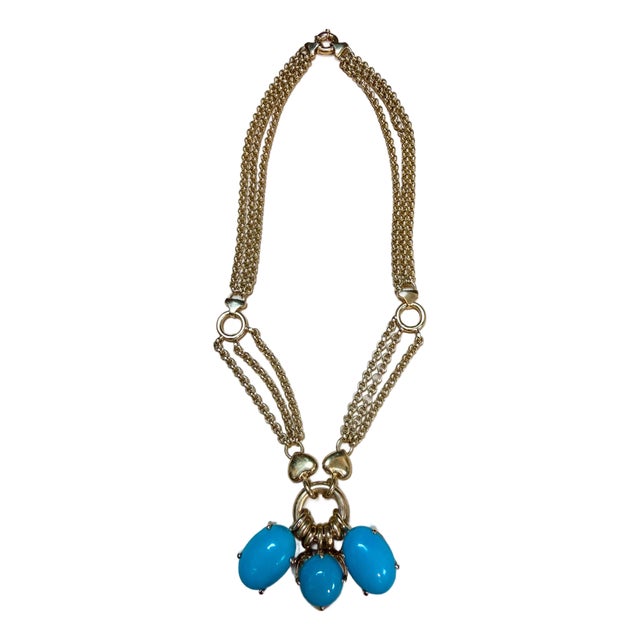60 Ct Natural Sleeping Beauty Turquoise Necklace, Three Charm 18 Kt Gold For Sale