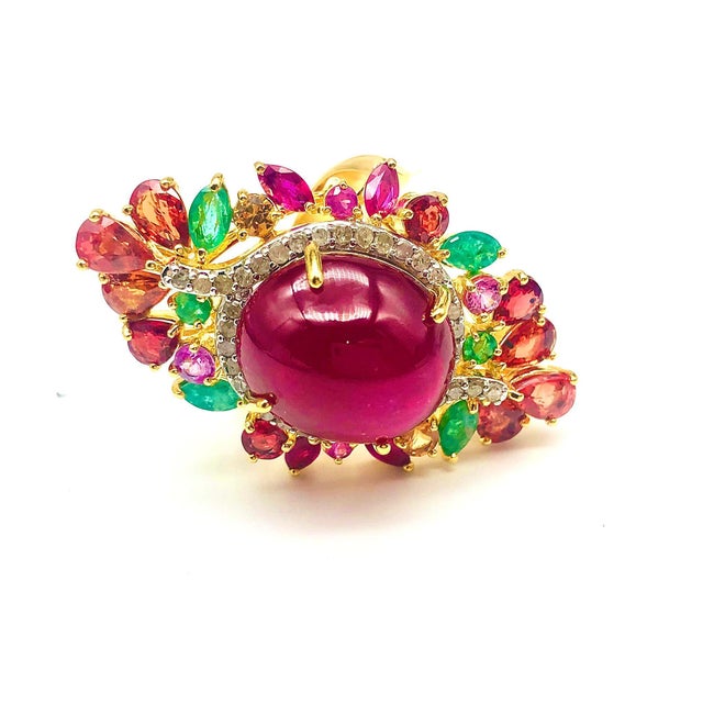 Bochic “Orient” Vintage Ruby, Emerald, Sapphire & Diamond Ring Set In 18K & Silv For Sale - Image 14 of 14