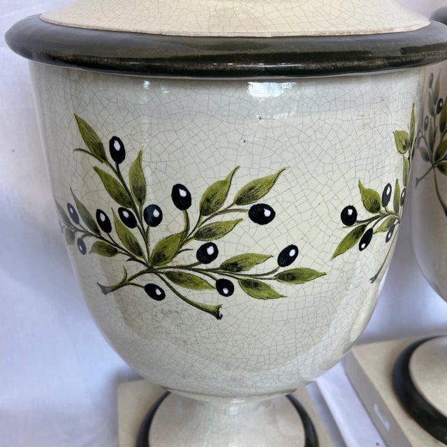 1990s 1990s Large Italian Hand Painted Urn With Lid, Featuring Olive Flower Design - a Pair For Sale - Image 5 of 13