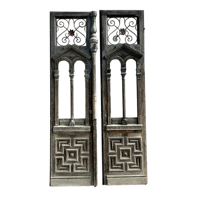 Vintage Boho Distressed Palm Beach Pediment Doors - Set of 2 For Sale