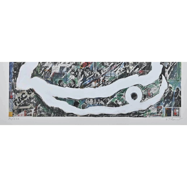 Abstract composition is an original contemporary artwork realized by Olivier Thomè in the 1980s. Mixed colored lithograph...
