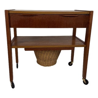 Mid-Century Modern Danish Teak Side Table with Woven Basket, Denmark, 1960s For Sale