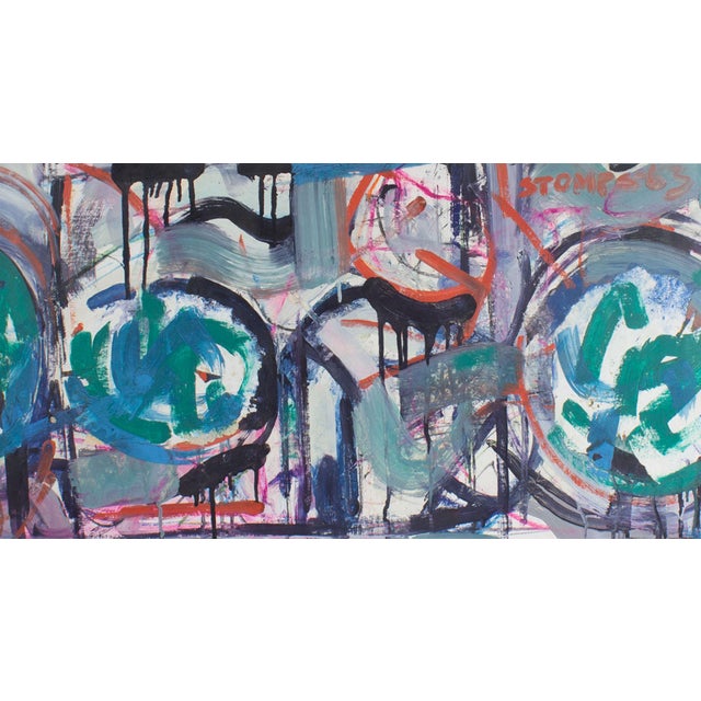 A 1963 abstract painting on paper by American artist Walter Stomps (1929-2020). The painting depicts a colorful...