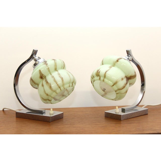 Chrome-Plated Brass and Marbled Opal Glass Table Lamps, 1930s, Set of 2 For Sale - Image 9 of 15