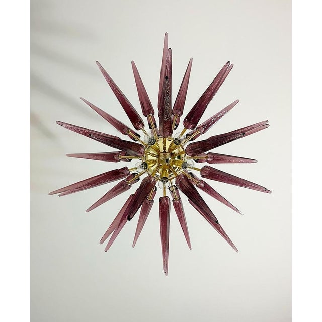 Murano Glass Sputnik Chandelier, Italian Mid Century Modern Brass Light Fixture For Sale - Image 6 of 7