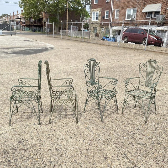 Vintage Neoclassical Style Green Wrought Iron Lyre Harp Garden Chairs - Set of 4 For Sale - Image 10 of 12