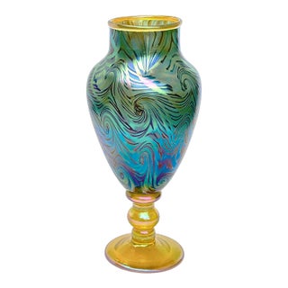Antique Art Nouveau Favrile King Tut Pattern Glass Vase-Signed For Sale