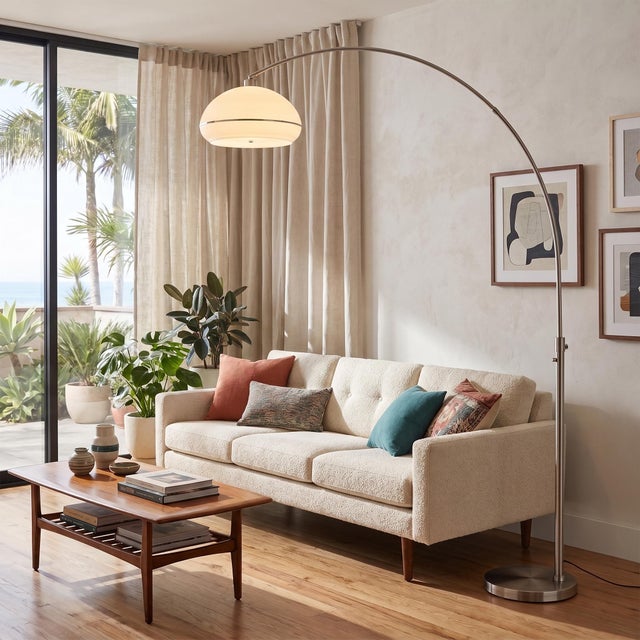 Designed by Peter Morelli in 1960, the Morelli Arc Lamp is a Modern masterpiece featuring a satin nickel finish and a...