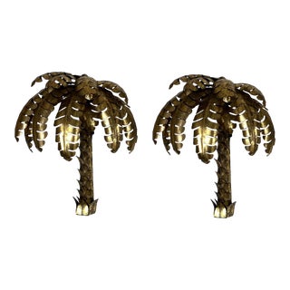 1970's XL French Hollywood Regency Brutalist Dore Metal Palm Wall Sconces After Maison Jansen - a Pair For Sale