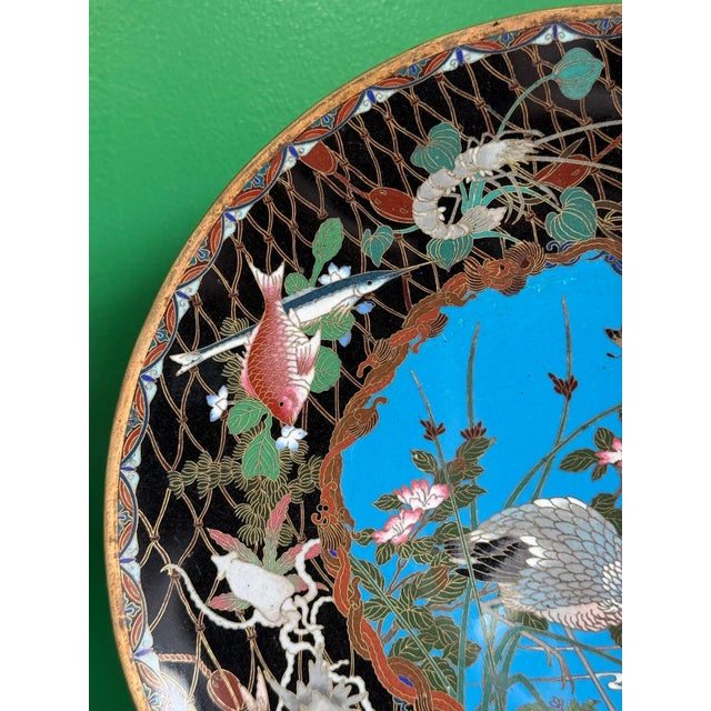 Late 19th Century Meiji Japanese Cloisonne Enamel Charger With Crab, Fish, and Marine Life in Net For Sale - Image 5 of 12