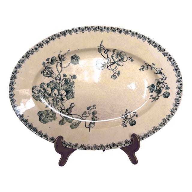 Antique French Terre De Fer Oval Plate with Blue Nasturtiums, 1880 For Sale