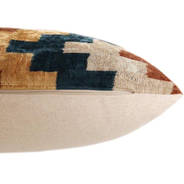 Textile Geometric Rust and Teal Silk Velvet Pillow 16x24 Handmade Luxury Lumbar Cushion For Sale - Image 7 of 8