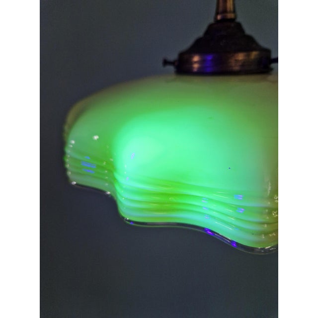 Metal Art Deco Pendant Light in Scalloped Yellow Opaline Glass with Uranium Glass, 1920 For Sale - Image 7 of 10