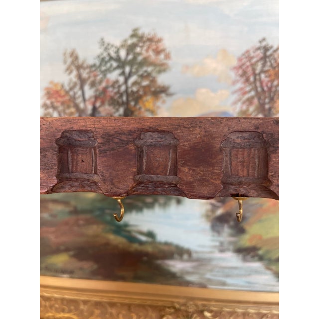 Wood Antique Hand Carved Wooden Textile Stamp Mold Converted to Key Hook Rack. For Sale - Image 7 of 10