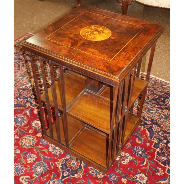 1960s English Edwardian Burl Wood Inlaid Revolving Bookcase For Sale - Image 4 of 11