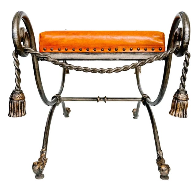 Mid 20th Century Vintage Gray Steel Bench With Gold Tassels and Leather Seat For Sale - Image 5 of 11
