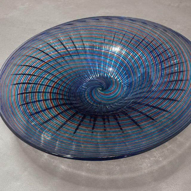 Late 20th Century Signed Stefano Toso Murano Art Glass Swirl Centerpiece Bowl - Handblown Blue, Red and Aqua Spiral Bowl For Sale - Image 5 of 7