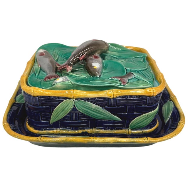A Victoria Pottery Majolica Cobalt Basketweave Sardine Box, English, Ca. 1883 For Sale - Image 4 of 12
