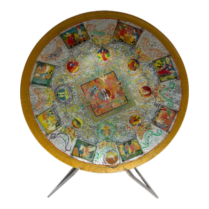 Hand Blown Glass Plate of Medieval Scenes + Stand