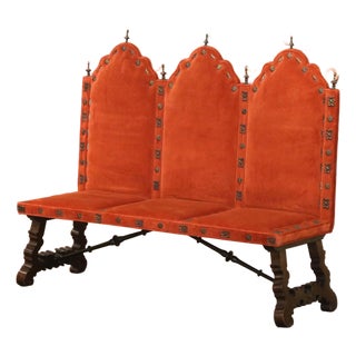 19th Century Spanish Renaissance Walnut and Velvet Three-Seat Bench For Sale