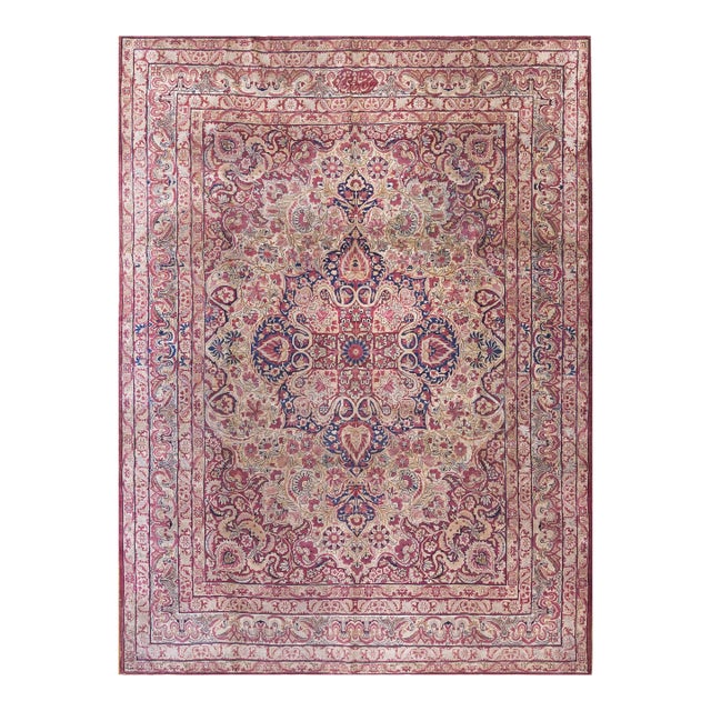 Classic Floral Medallion Fine 1900s Antique Kerman Lavar Room Size Rug For Sale