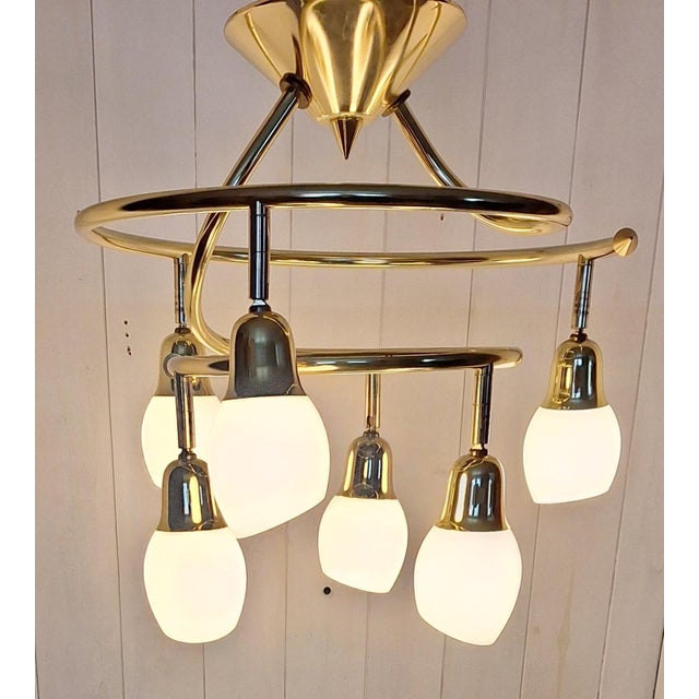 Metal Vintage Ceiling Lamp with Spiral Brass Frame and 6 Opaque White Glass Shades, 1990s For Sale - Image 7 of 7