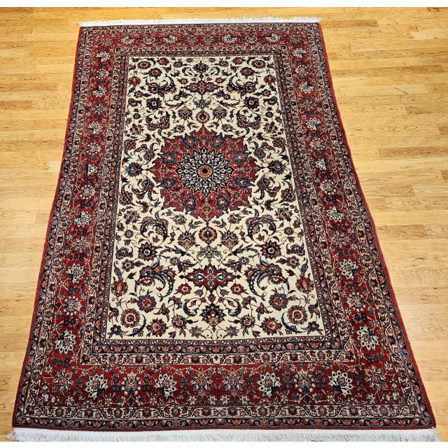 Mid 20th Century Vintage Persian Isfahan Rug, Handwoven Floral Pattern, Ivory & Red, 7’ X 11’ For Sale - Image 5 of 12