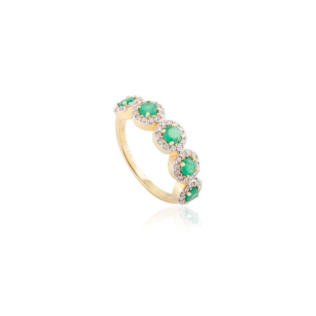 5 Stone Round Cut Emerald Diamond Wedding Band Size 5 For Sale - Image 4 of 11