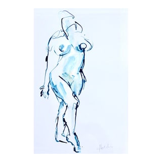 "Blue Nude" Contemporary Figurative Blue and White Ink Drawing. For Sale