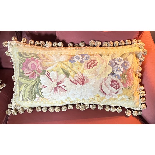 Textile Antique 18th Century French Aubusson Tapestry Pillow With Passementerie Trim and Ball Tassel Fringe For Sale - Image 7 of 16