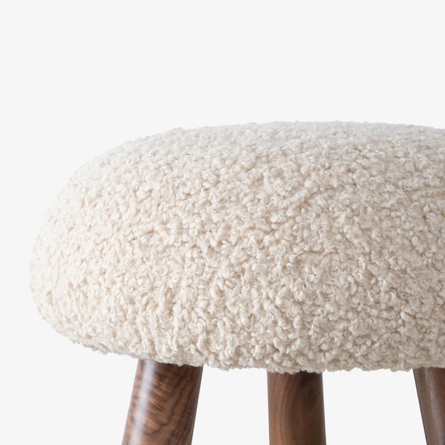 Linen Wooly Ottoman in Natural Faux Lambswool & Walnut by Object Refinery For Sale - Image 8 of 9