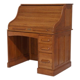 Antique Oak S-Roll Top Single Pedestal Desk C1910 For Sale