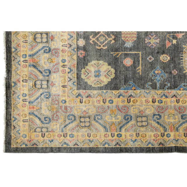 Modern Khotan Style Hand-Knotted Wool Rug Charcoal & Gold Transitional Area Rug For Sale - Image 4 of 11