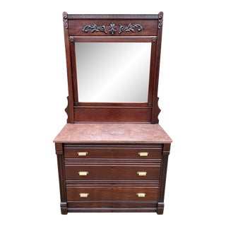 Early 20th Century Antique Eastlake Mahogany Pink Marble Top 3-Drawer Chest of Drawers With Mirror For Sale