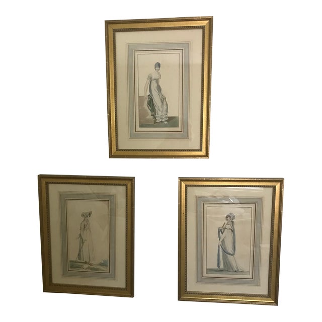17th Century C1799 Framed French Colored Engravings, Ladies in Dress - Set of 3 For Sale