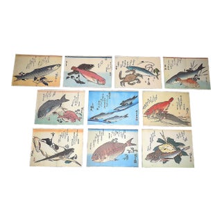 Signed/Chop Marked Vintage Hiroshige Imperial Folio Size Japanese Fish & Calligraphy Color Lithographs - Set of 10 For Sale