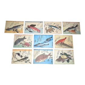 Signed/Chop Marked Vintage Hiroshige Imperial Folio Size Japanese Fish & Calligraphy Color Lithographs - Set of 10