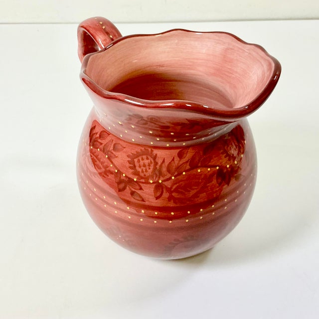 1990s Boho Chic Farmhouse Scalloped Handle Hand Painted Ceramic Pitcher. For Sale - Image 13 of 14