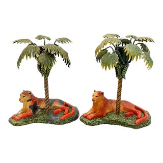 Mid Century Metal Leopard and Palm Tree Candleholders - a Pair For Sale
