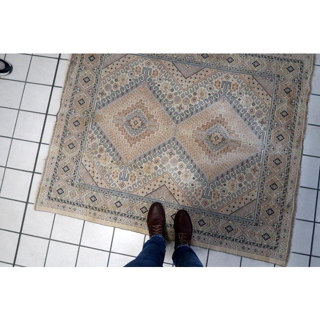 Vintage 1950s Caucasian Shirvan-Style Kilim – Rug-Inspired Cotton Wall Hanging (4.5' x 5.2') This rare Vintage Caucasian...