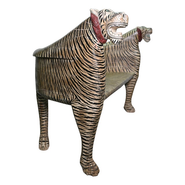 Vintage Hand-Painted Wooden Tiger Bench: Indian Folk Art Seating For Sale
