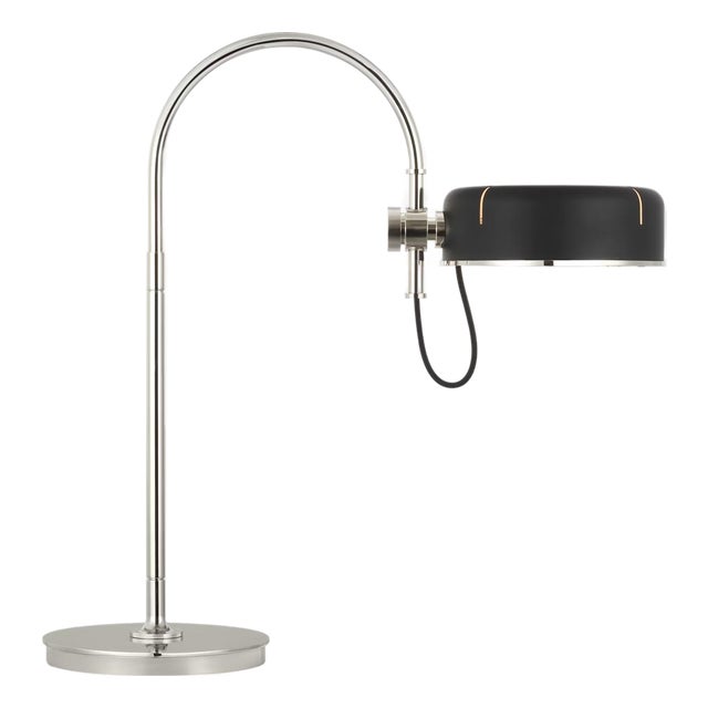 Thomas O'Brien by Visual Comfort Signature Oso 25" Arc Table Lamp in Polished Nickel with Matte Black Shade For Sale