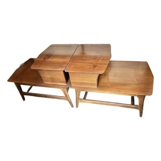Mid Century Walnut Inlayed Two Tiered Step Pair of Side Tables For Sale