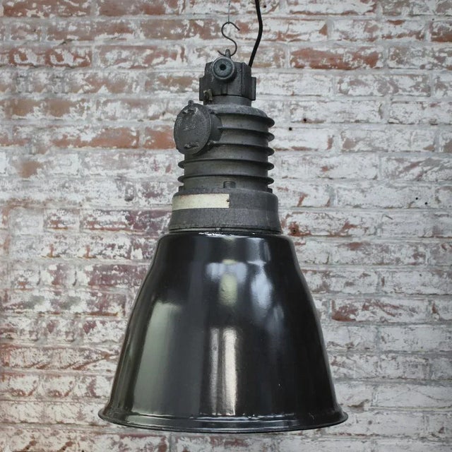 Vintage Industrial Black Enamel Pendant Lights For Sale - Image 4 of 5