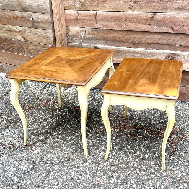Mid Century Drexel Heritage rectangular nesting coffee or end tables. Wonderful triangle grain details on the top of the...