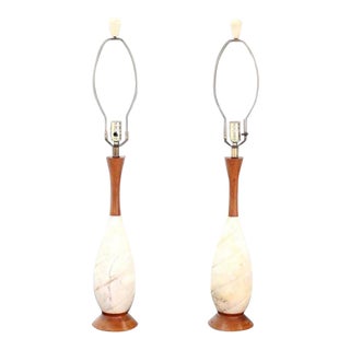 Carved Onyx and Walnut Mid-Century Modern Table Lamps - a Pair For Sale