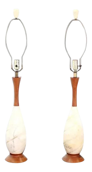 Carved Onyx and Walnut Mid-Century Modern Table Lamps - a Pair