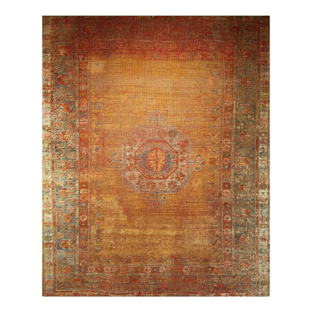 19th Century Antique Turkish Oushak Area Rug, 1880s, Pale Yellow & Blue, 5' x 5' For Sale