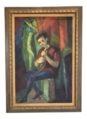 Large Midcentury Portrait of a Young Man With Mandolin